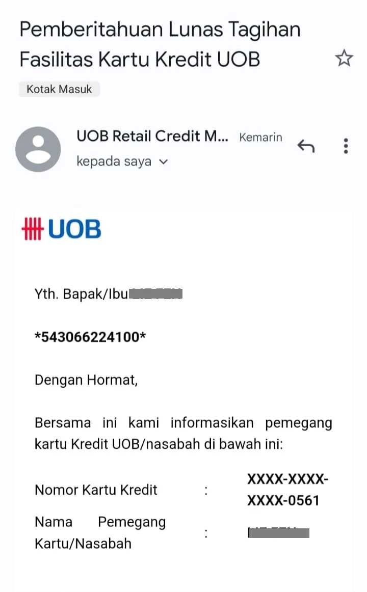 Surat Keterangan Lunas Bank UOB  Hasil Mediasi LBMN 1177 hal 1