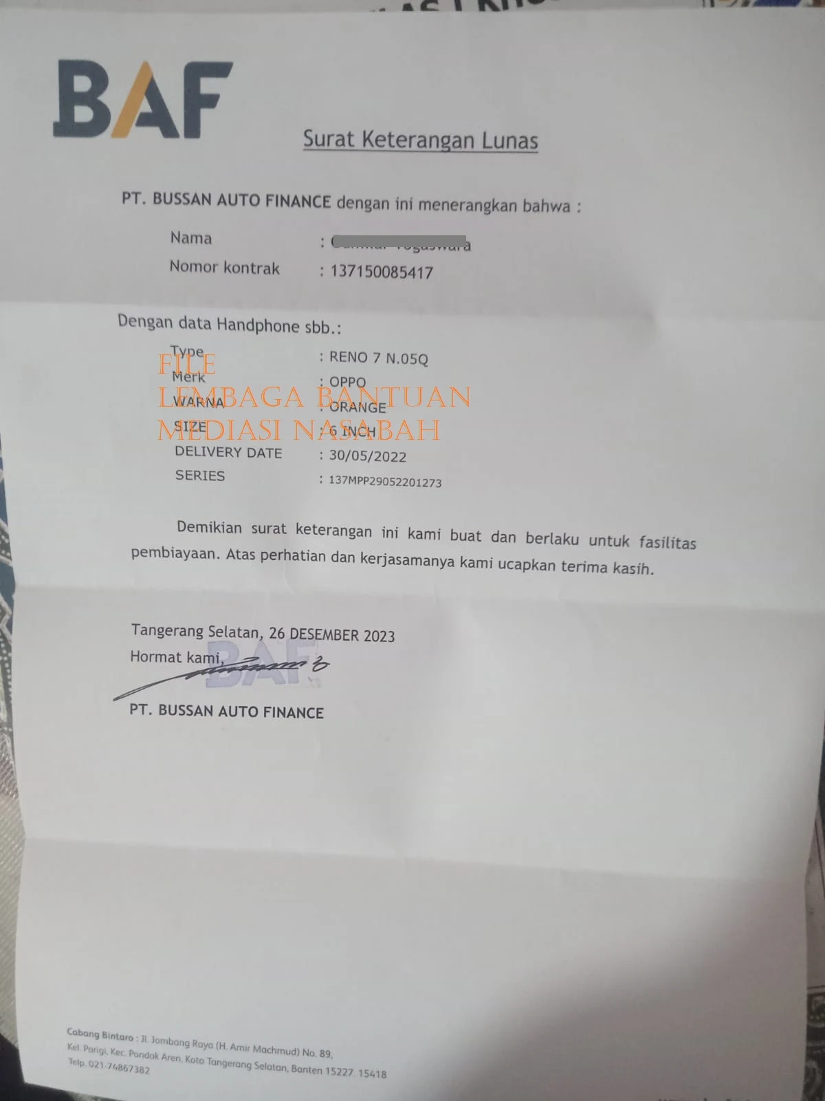 Surat Keterangan Lunas BAF finance - Mediasi 1181