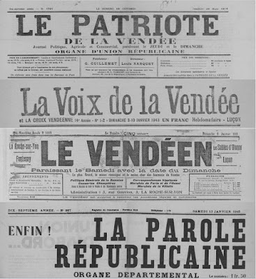 " Le Patriote de la Vendée " est un bihebdomadaire de quatre pages de tendance radical-socialiste, fondé par le député Gaston Guillemet (1851-1914) à Fontenay-le-Comte. " La Voix de la Vendée " paraît pour la première fois le 12 janvier 1930. Cet hebdomadaire de six pages imprimé à Luçon se veut un " journal d'union et d'action catholique " comme l'annonce dans ses premiers éditoriaux, le chanoine Narcisse Gaignet, ancien professeur à l'Institution Richelieu. (recherche-archives.vendee.fr)