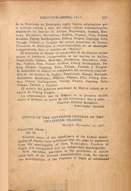 Executive Order No. 85 series of 1917 creating the Municipality of Mabini, English and Spanish versions.