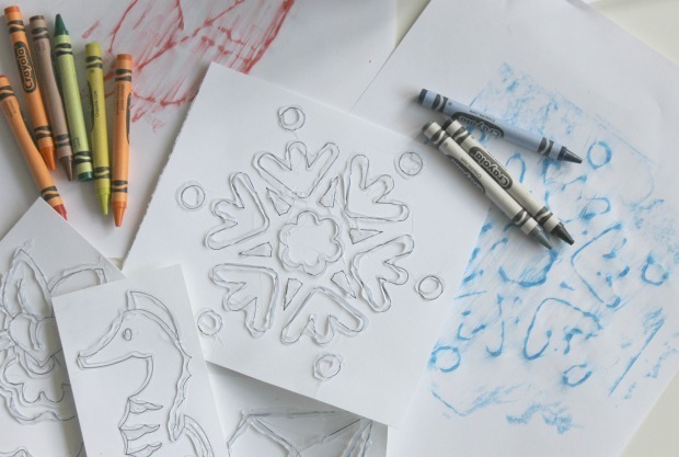 crayon rubbings with hot glue