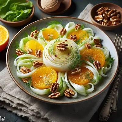 Auf dem Bild ist ein Salatteller mit Fenchel in dünne Scheiben geschnitten zu sehen. Dazwischen liegen filtrierte Orangenscheiben und Walnusskerne.