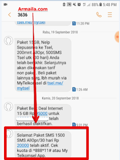 Selamat paket SMS 1500 SMS All Operator 30 Hari Rp 20000 telah aktif. cek kuota di *888*11# atau My Telkomsel App