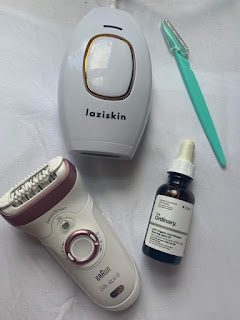 Appliances I use for body hair removal: Facial razor, epilator, face oil and IPL system