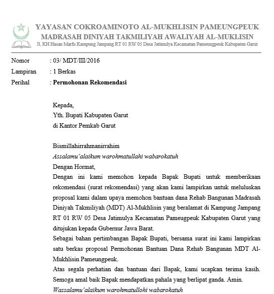 Surat Permohonan Rekomendasi Bupati untuk mengajukan 