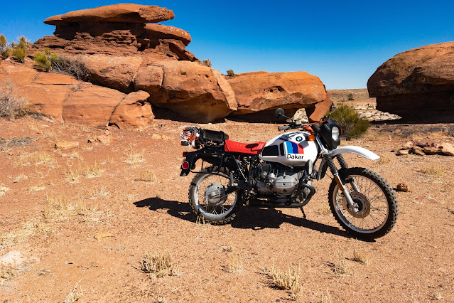 BMW R80/GS and red rock hoodoos near Winslow AZ