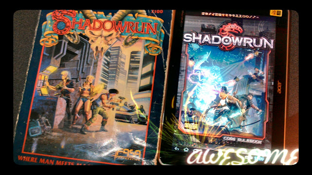 1989's First Edition Shadowrun Softcover and 2013's Shadowrun Fifth Edition PDF on a high resolution tablet! You've come a long way, baby!