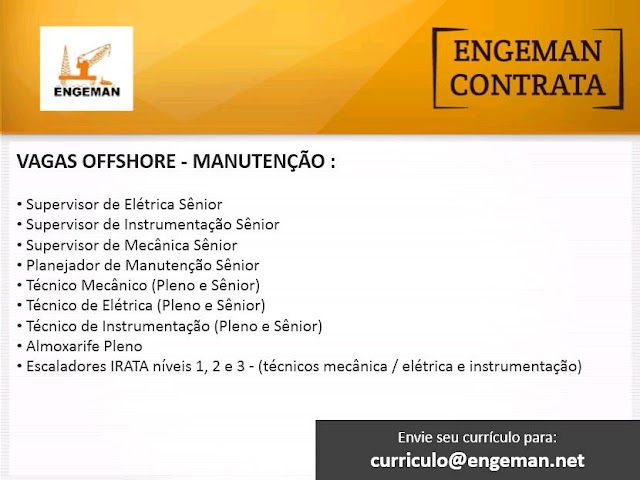 Supervisor Escalador, Almoxarife Pleno, Técnico de Elétrica, Técnico de Mecânica