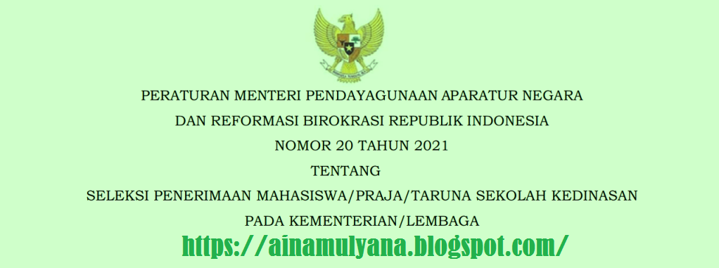 Peraturan Menpan RB atau Permenpan RB Nomor 20 Tahun 2021 Tentang Seleksi Penerimaan Mahasiswa Praja Taruna Sekolah Kedinasan