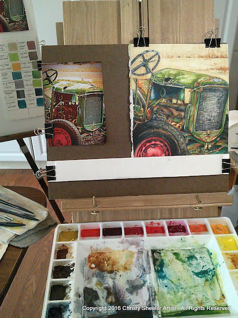 virtual studio tour vintage tractor watercolor in progress 2016 Christy Sheeler