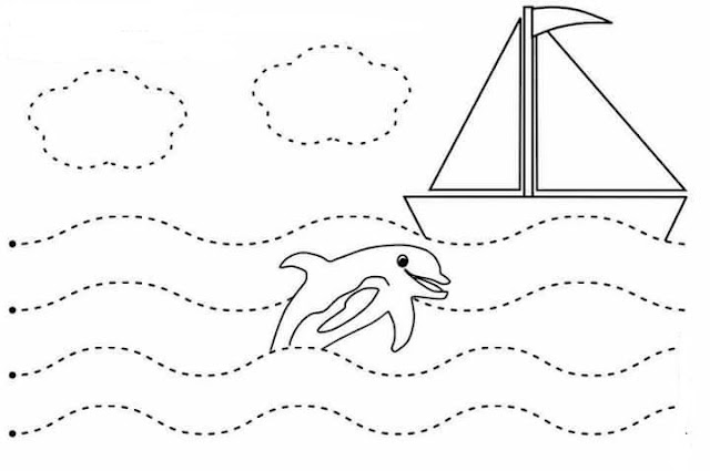 الخط المنحني تلوين دلفين وبحر وقارب