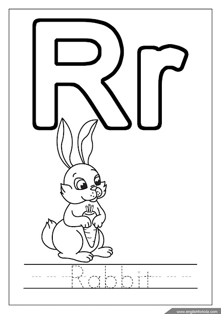 Letter r coloring, rabbit coloring, alphabet coloring page
