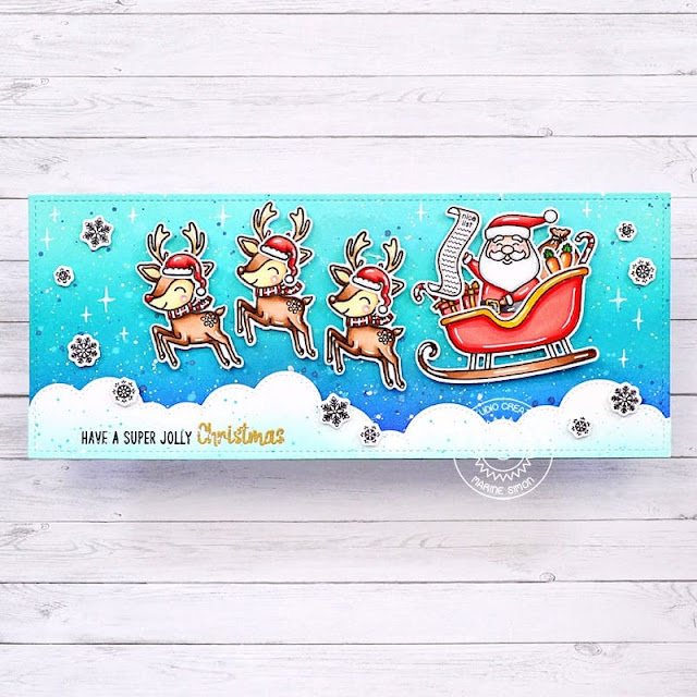 Sunny Studio Stamps: Reindeer Games Holiday Card by Marine Simon (featuring Santa Claus Lane, Slimline Dies, Scalloped Circle Mat Dies)