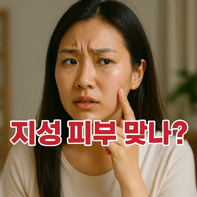 실내에서 걱정스러운 표정으로 볼을 만지며 지성 피부를 의심하는 20대 한국 여성의 클로즈업