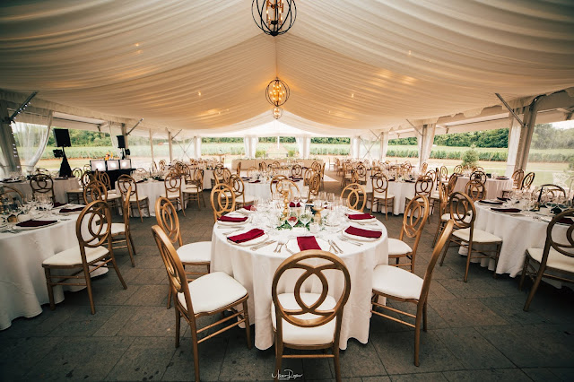 Niagara Wedding Planner - A Divine Affair - Meaghan and Scott - Photo by Marco Roxas Photography. Wedding ceremony and reception at Chateau des Charmes Winery in Niagara on the Lake. Navy Blue and Burgundy colours with Gold accents in the wedding attire and decor. Sweets table on wine barrels by Sweet Bash Co.