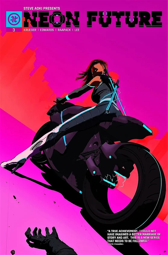 Mercenary Garage Custom Motorcycle Workshop 2020s Neon Future Cyberpunk Sci Fi Comic Book Magazine Art Illustration