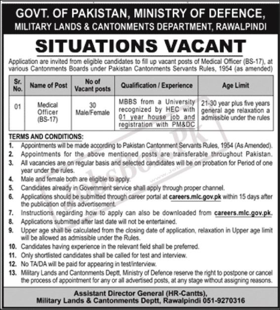 Latest Jobs Opportunities Military Lands and Cantonments Department Rawalpindi-May-2022