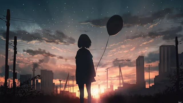 Alone Anime Girl Holding Balloon