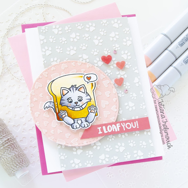 I Loaf You! | Cat and Bread  Card by Tatiana Trafimovich | Knead Kittens Stamp Set, Circle Frames Die Set, Petite Paw Prints Stencil, Petite Hearts Stencil and Circle Frames Die Set by Newton's Nook Designs #newtonsnook #handmade