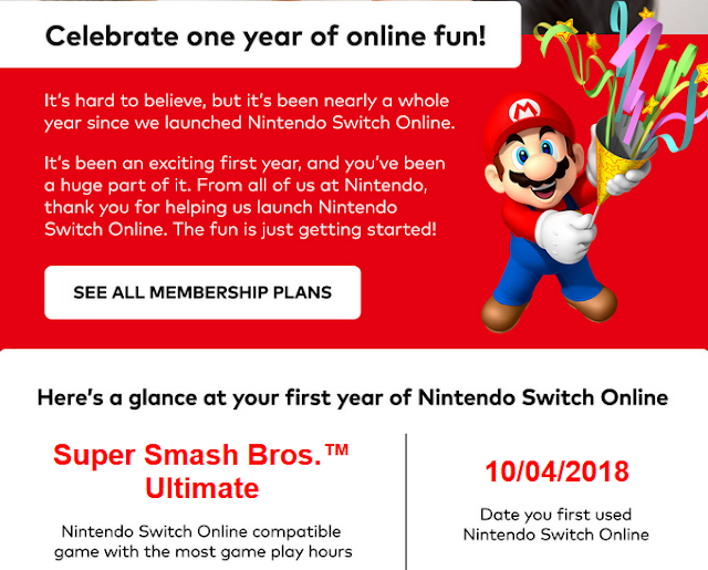 Nintendo Switch Online one year anniversary Mario e-mail message