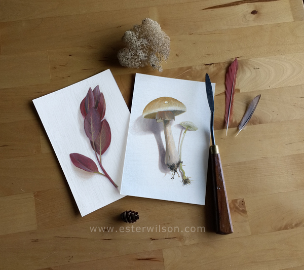 These two oil paintings on prepared 4" x 6" paper are called 'Mushroom Forest' and 'Purple Leaves'