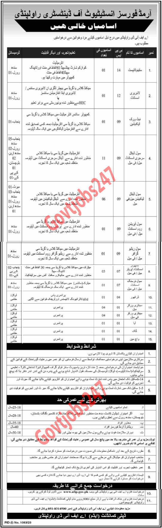 Armed Forces Institute of Dentistry (AFID) Rawalpindi jobs august 2023 ad