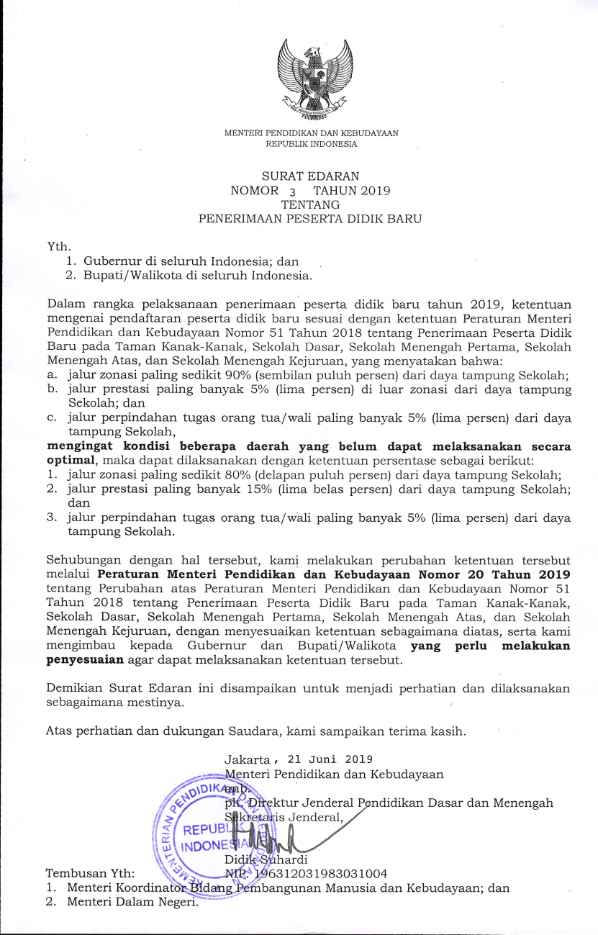  Tentang PPDB TK SD SMP SMA SMK tahun Pelajaran  SURAT EDARAN MENDIKBUD NOMOR 3 TAHUN 2019 TENTANG PPDB 2019, PROSENTASI JALUR ZONASI DIUBAH MENJADI 80% DARI DAYA TAMPUNG SEKOLAH