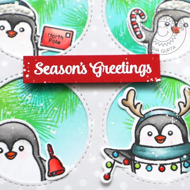 Sunny Studio Stamps: Window Quad Dies Penguin Pals Classy Christmas Winter Holiday Card by Isha Gupta