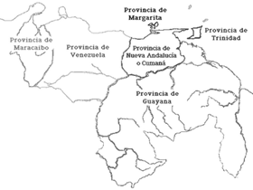 Mapa con las provincias en las que se hallaba dividida administrativamente Venezuela durante el siglo XVIII
