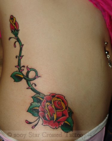 Flower back tattoo. Cute, but not very crisp. small flower tattoos hip