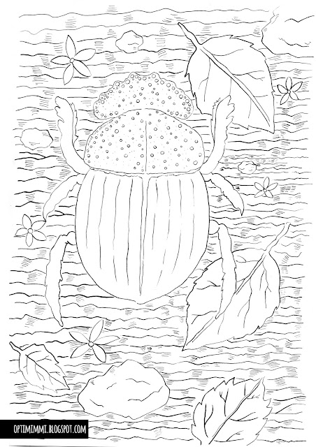 A coloring page of a scarab / Värityskuva pillerinpyörittäjästä