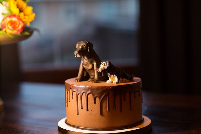 The groomscake was a decadent chocolate gnache cake.  But what made it extraordinary were two sculptures of their dogs sitting atop the cake.  Absolutely delightful!  The setting was The Hall at the Railhouse, located in Norman, OK during the fall of 2016.