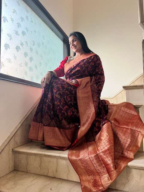 Wine and red thread jaal saree