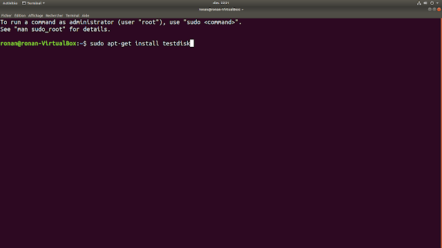 Terminal Ubuntu avec la commande pour installer TestDisk