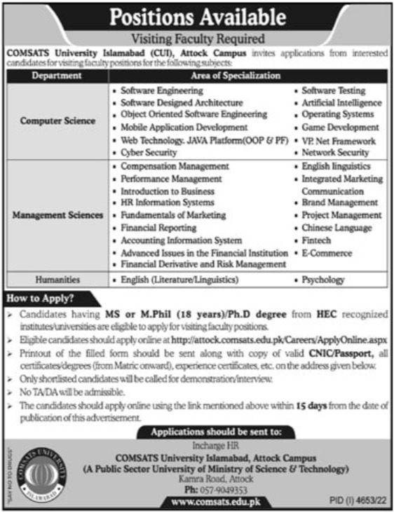 Latest Faculty jobs at Comsats University Attock Campus 2023