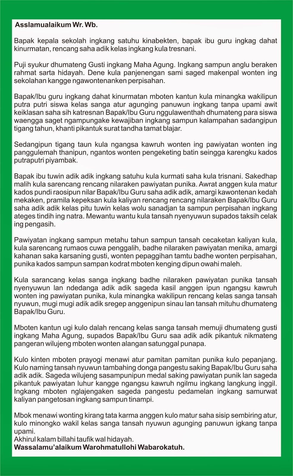 Contoh Teks Pidato Bahasa Jawa Perpisahan SMP