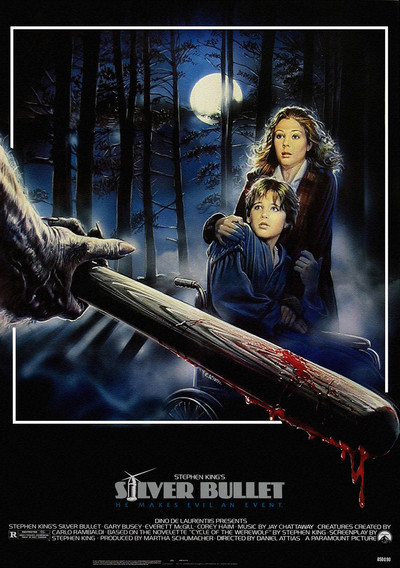 Movie poster for Paramount Pictures's 1985 Stephen King film adaptation Silver Bullet, starring Corey Haim, Megan Follows, Everett McGill, Gary Busey, Robin Groves, and Terry O'Quinn