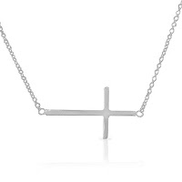 925 Sterling Silver Sideways Horizontal Cross Pendant Necklace