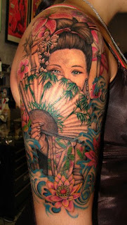 Amazing Female Shoulder Tattoo With Japanese geisha Tattoo Design Picture 2