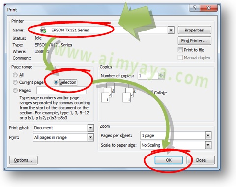 Gambar: Cara melakukan print / mencetak sebagian dokumen  yang telah dipilih / diblok di Microsoft Word 2007