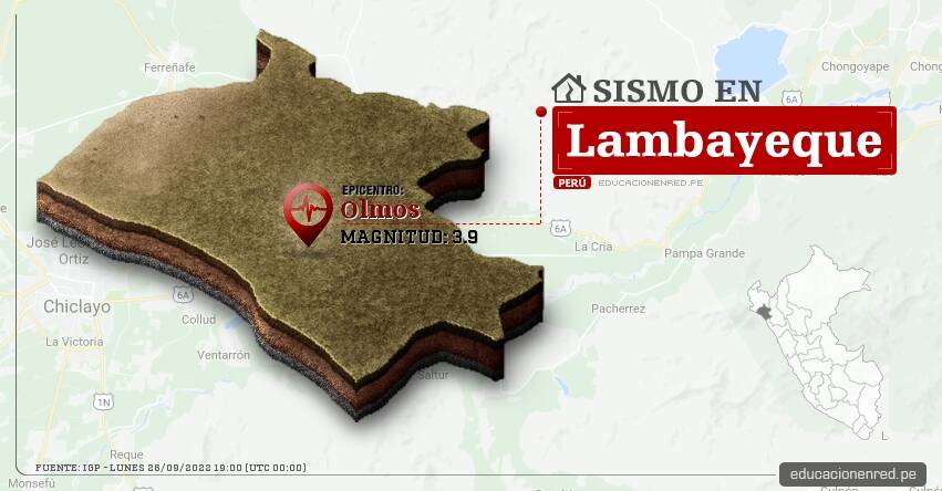 Temblor en Lambayeque de Magnitud 3.9 (Hoy Lunes 26 Septiembre 2022) Sismo - Epicentro - Olmos - IGP - www.igp.gob.pe