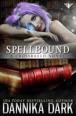 Spellbound book cover, a whimsical young woman with lavender hair casually smiling while draped over a large stack of books. Magical light is escaping from a red book, background is a library wall