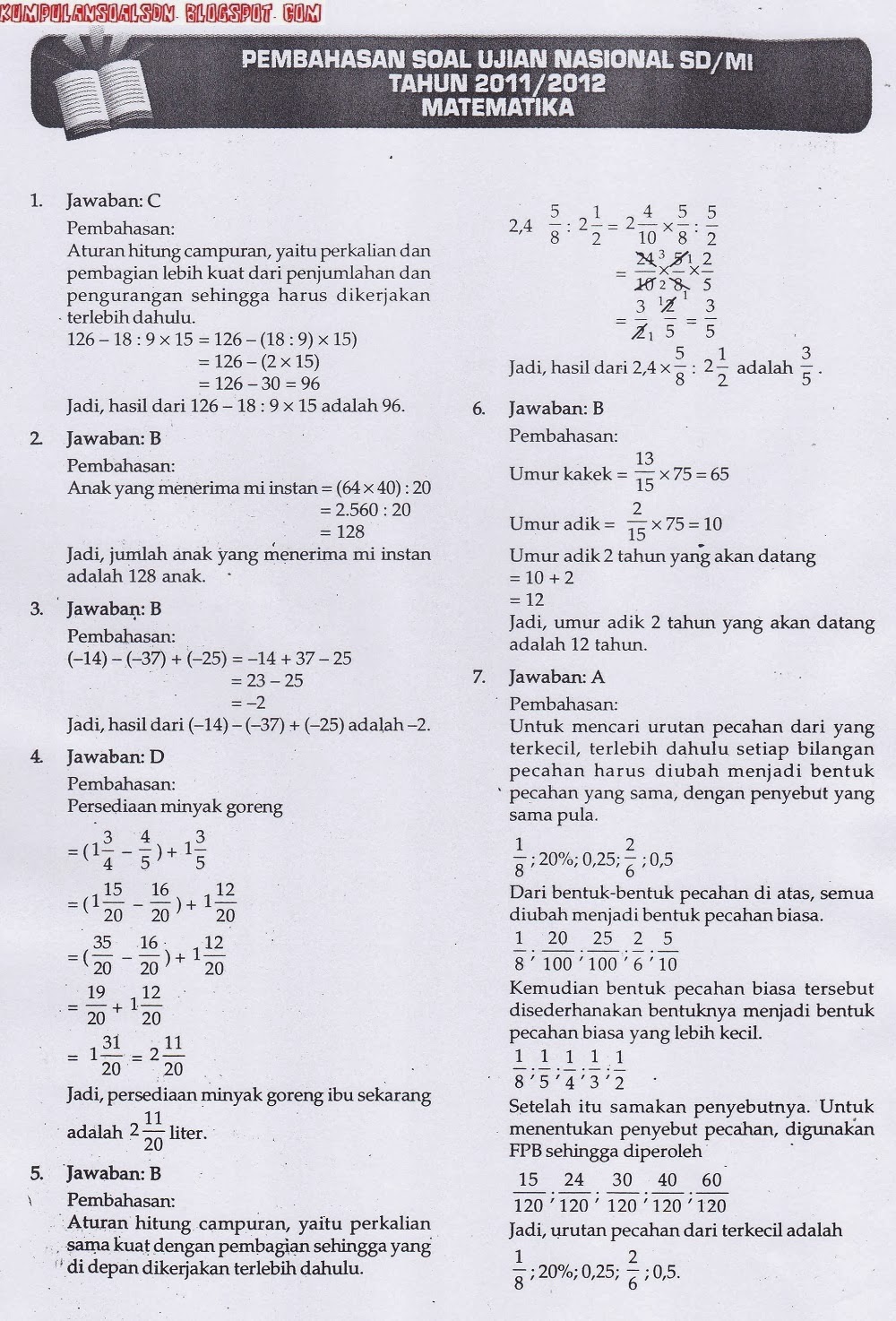 Pembahasan UN+US+Try Out Matematika Kelas 6 VI SD TA 2013/2014 ~ Kumpulan Soal SD