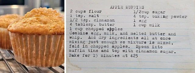 A picture of an apple muffin next to the apple muffin recipe card.
