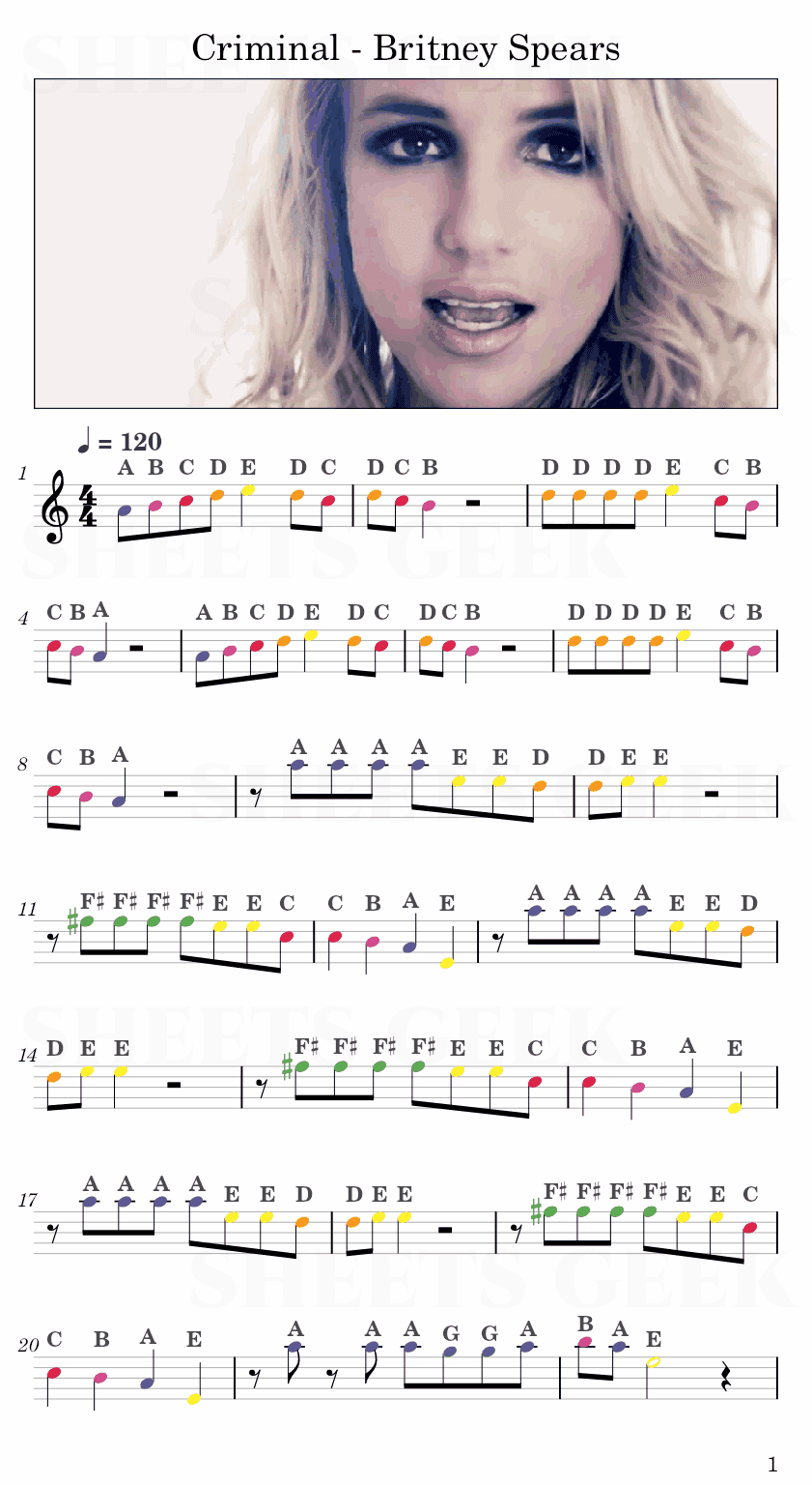 Criminal - Britney Spears Easy Sheet Music Free for piano, keyboard, flute, violin, sax, cello page 1
