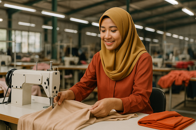 Seorang wanita berhijab tersenyum sambil merapikan kain tipis berwarna beige di mesin jahit dalam pabrik konveksi.