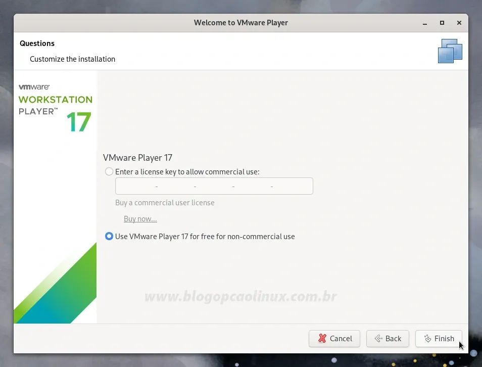 Você tem a opção de inserir uma licença comercial do Workstation Player (caso tenha comprado) ou selecionar a opção para uso pessoal e não comercial