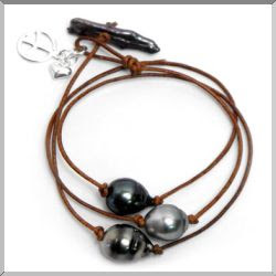Tahitian pearls on mocha leather wrap bracelet
