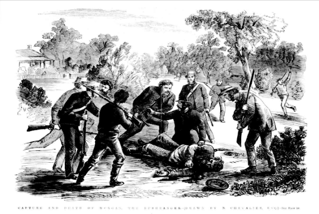 Engraving of the capture and death of Morgan the Bushranger in 1865.