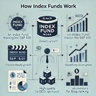 "An infographic explaining how index funds work, showing S&P 500 tracking, steady portfolio growth, and diversified investments."